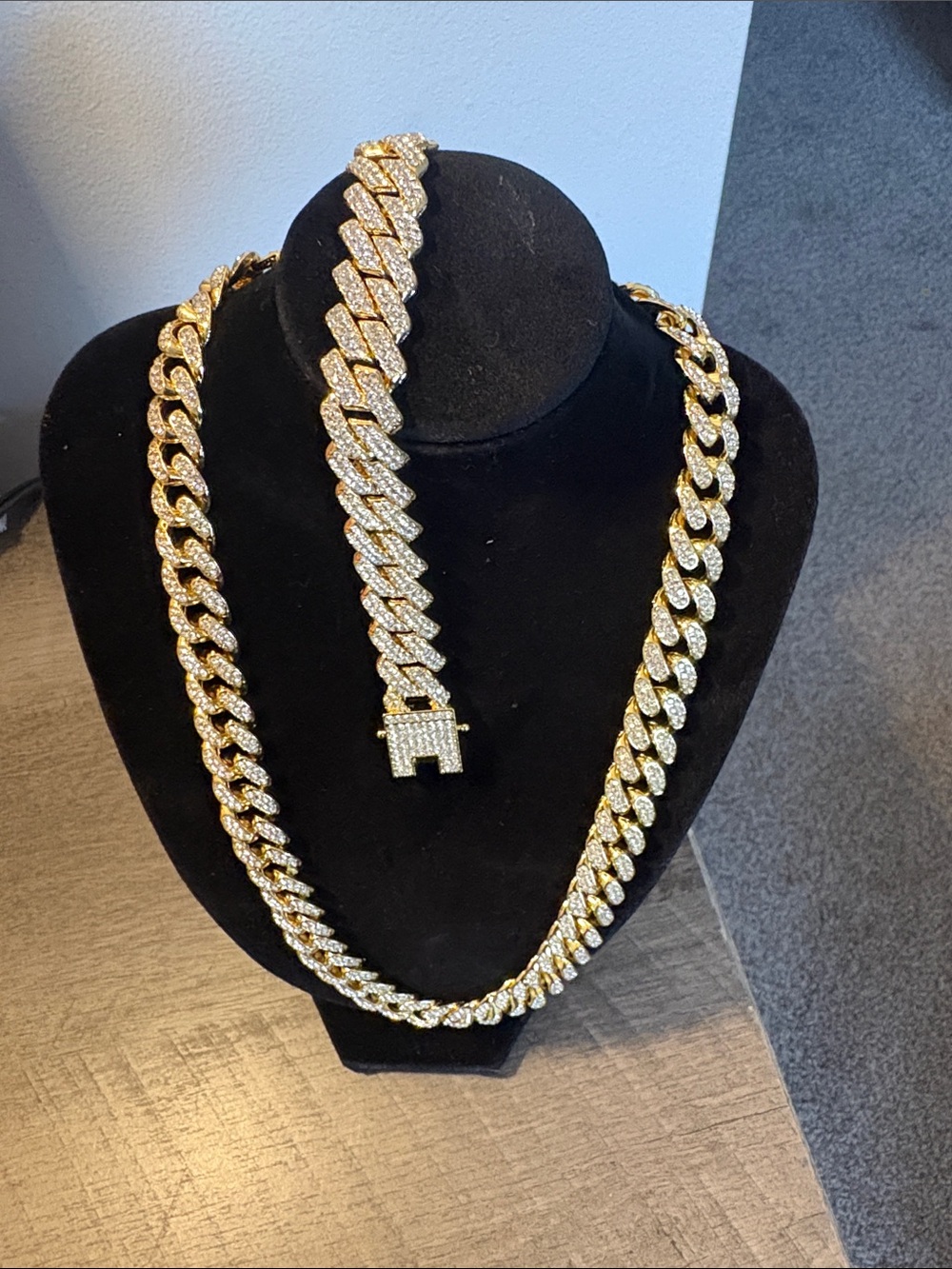 Gold Tone Rhinestone Cuban Link Necklace & Bracelet Set - Picture 4 of 5